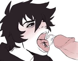 2boys black_hair bottomless cbl_art close-up cum_in_mouth cumshot doomer_boy ejaculation giant giant_couple giant_male larger_male macro male_focus open_mouth oral penis portrait sex size_difference size_play sketch tongue_out vore white_background wojak_comics yaoi