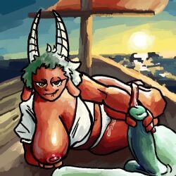 1boy1girl barely_clothed biting_lip boat capra_(deepwoken) celtor_(deepwoken) chubby chubby_female color cum_drip deepwoken goat_horns green_hair handjob horns lemonscented60 precum red_skin roblox roblox_game sagging_breasts sea sunset wet_panties wet_pussy