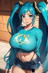 abdomen abdominals ai_generated anime anime_style arms_behind_back belly_button big_breasts blue_eyes blue_hair breasts breasts breasts breasts_bigger_than_head cartoon close-up cute eyes_open female female_focus female_only focus from_above hair_between_eyes hand_behind_back hands-free hd hd_(traditional) high_resolution highres horny_female hourglass_figure huge_breasts large_breasts league_of_legends light light-skinned_female light_blue_hair light_body lighting long_hair long_sleeves looking_at_viewer midriff navel pose posing posing_for_picture posing_for_the_viewer riot_games seducing seduction seductive_body seductive_eyes seductive_look seductive_pose shiny shiny_clothes shiny_hair shirt short_shorts shy simple_background sky4maleja smile smile_at_viewer smiley_face sona_buvelle straight_hair thick_thighs thong_straps tight_clothes tight_clothing tight_shirt twintails upper_body very_long_hair watermark younger_female