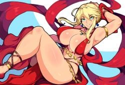 ai_generated artoria_pendragon artoria_pendragon_(lancer) belly_dancer belly_dancer_outfit blonde_hair curvaceous dancer dancer_outfit fate_(series) female green_eyes harem_outfit large_breasts mullon novelai thick_thighs