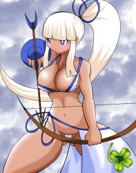 1girls archery big_breasts bikini blue_eyes breasts bursting_breasts busty cleavage dark-skinned_female dark_skin female female_only fingerless_gloves gloves hair_ribbon highres large_breasts legs majikina_mina navel ponytail ribbon samurai_shodown sarong snk solo swimsuit thick_thighs thighs thong_bikini white_bikini white_hair