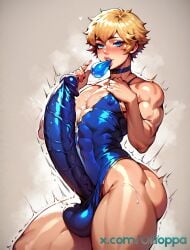 1boy 1femboy abs ai ai_generated back_muscles balls big_ass big_balls big_butt big_penis big_thighs blonde_hair blue_eyes choker clothed femboy hung_trap hyper_penis muscular muscular_arms muscular_male nipples orb orb_mage(oc) precum solo solo_femboy solo_male thick_ass thick_penis thick_thighs trap yaoi