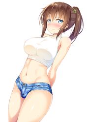 1futa 2010s 2016 anonfutashopper_(editor) belly_button blue_bottomwear blue_eyes blush brown_hair bulge bulge_through_clothing clothed crop_top denim_shorts edit exposed_belly futa_only futanari hands_behind_head horny ichi_makoto kazuma_(kazumav) legs_together midriff midriff_baring_shirt navel nervous original penis_bulge ponytail shiny_hair shiny_skin short_shorts shorts sleeveless small_penis solo solo_futa sweat testicle_bulge white_shirt white_topwear