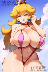 1girls ai_generated big_breasts big_butt bikini blonde_hair blue_eyes breasts choker cleavage crown female female_only long_hair looking_at_viewer mario_(series) nintendo outdoors panties patreon_username pink_bikini princess_peach print_tax5 sky sling_bikini solo swimsuit thiccwithaq_(ai_style) twitter_username v_bikini voluptuous voluptuous_female