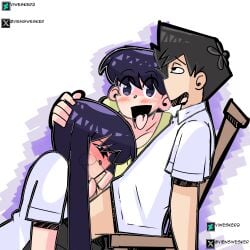 1boy 2girls assisted_fellatio big_breasts black_hair blowjob breasts clothed_female helping incest komi-san_wa_komyushou_desu komi_shouko komi_shuuko male milf mother_and_daughter pleasure_face purple_background purple_eyes purple_hair semi_clothed tadano_hitohito vi_wesker watching_sex white_background white_skin