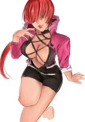 1girls big_breasts fluffy king_of_fighters light_skin long_hair no_bra ponytail red_hair shermie_(kof)