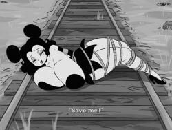 1930s animated big_breasts black_and_white black_dress black_hair bouncing_breasts english_text film_grain fleischer_style_toon huge_breasts joaoppereiraus lipstick rope rope_bondage sally_mcboing thick_thighs tied_up train_tracks white_skin