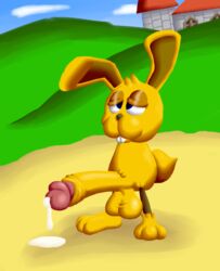 balls big_penis blue_eyes foreskin infiniteshades male male_only mario_(series) mips paws precum rabbit solo_male super_mario_64 yellow_fur