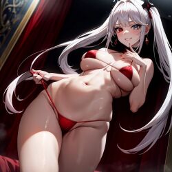 ai_generated curvy curvy_figure date_a_live female heterochromia medium_breasts pale_skin red_bikini red_earrings red_nails slender_body white_hair white_queen_(date_a_live)