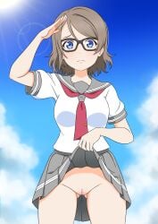 absurdres ass_visible_through_thighs blue_eyes breasts clothes_lift commission facing_viewer female frown glasses grey_skirt highleg highleg_swimsuit highres lifting_own_clothes light_brown_hair love_live! love_live!_sunshine!! medium_breasts medium_hair neckerchief pussy red_neckerchief salute school_uniform serafuku shirt skeb_commission skirt skirt_lift sky swimsuit tears usazirou539 watanabe_you white_shirt