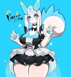 1girls anthro blue_background blue_eyes blue_hair blush cheek_spots choker clothing english_text female female_only generation_4_pokemon hi_res long_hair looking_at_viewer maid maid_uniform nintendo pachirisu pawpads pokémon_(species) pokemon sharp_fingernails short_skirt solo text thick_thighs toge77789 togetoge two_tone_hair white_hair