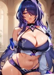 1girls absurd_res acheron_(honkai:_star_rail) ai_generated big_breasts choker cleavage hair_over_one_eye halterneck honkai:_star_rail luscious_lips mature_female midriff nihilous purple_eyes purple_hair short_shorts sleeves thick_thighs toned_stomach voluptuous