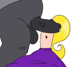 big_breasts big_penis blonde_hair busty cant_see_the_haters chubby_male grey_body homestar_runner long_neck marzipan overweight_male penis_covering_eyes purple_dress raw_fish strong_sad