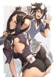 1boy 1girls absurdres animal_ears armor ass big_ass braid brown_fur facial_mark female female_focus fire_emblem fire_emblem_awakening gonzarez hair_around_ear highres male mother_and_son nintendo panne_(fire_emblem) purple_armor rabbit_boy rabbit_ears rabbit_girl red_eyes solo_focus taguel twin_braids yarne_(fire_emblem)