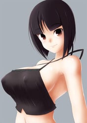 bangs bare_shoulders black_hair bob_cut breasts brown_eyes erect_nipples erect_nipples_under_clothes female god_eater god_eater_burst grey_background large_breasts looking_at_viewer midriff nipples semikichi short_hair sideboob simple_background smile solo tachibana_sakuya