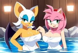 2girls ai_generated amy_rose bath big_breasts furry furry_female furry_only mullon novelai onsen rouge_the_bat sega sonic_(series) top_heavy towel