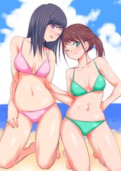 2girls abe_tsukumo alluring beach black_hair brown_eyes brown_hair female_abs hayami_sena high_res mashin_sentai_kiramager multiple_girls ocean ooharu_sayo purple_eyes sayo_ooharu sena_hayami super_sentai toned tsukumo_abe