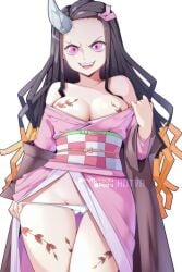 bare_shoulders black_hair black_ribbon breasts cleavage clothing demon_slayer female hair_ornament hair_ribbon high_resolution horn horns hotvr kamado_nezuko kimetsu_no_yaiba kimono large_breasts long_hair looking_at_viewer multicolored_hair nezuko_(demon_form) obi open_mouth orange_hair pantsu pink_eyes pink_kimono ribbon robe sash simple_background single_horn slit_pupils smile solo tattoo teeth traditional_clothes two-tone_hair underwear wafuku white_background white_panties white_underwear