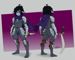 1boy armor commission dark_elf dungeons_and_dragons fantasy femboy ineffective_armor ineffective_clothing original_character rae_san reference_sheet scarf serious serious_face sheer sheer_clothing skin_tight skinsuit