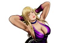 1girls arm_tattoo armpits arms_behind_head big_breasts blonde_hair bonne_jenet breasts busty cleavage closed_eyes dress fatal_fury fatal_fury:_city_of_the_wolves female female_only garou:_mark_of_the_wolves highres king_of_fighters large_breasts long_hair makeup no_bra parted_lips pose posing red_lips seductive_smile sensual sexy_armpits sideboob smile snk tattoo