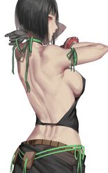 back bangs bare_shoulders black_hair black_shirt breasts female from_behind gloves god_eater green_ribbons halterneck high_resolution kumiko_(aleron) kumiko_shiba large_breasts looking_at_viewer looking_back midriff pouch red_eyes ribbon shirt short_hair sideboob string tachibana_sakuya tying very_high_resolution