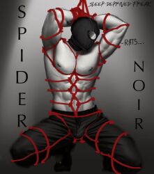 black_and_white bulge half_naked male_only marvel mask masked_male pectorals rope rope_bondage spider-man:_across_the_spider-verse spider-man:_into_the_spider-verse spider-man_(series) spider-man_noir