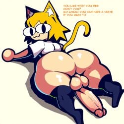 :3 ai_generated anthro ass backsack balls big_balls big_butt big_penis black_eyes blonde_hair bottomless clothed clothing domestic_cat erection felid feline felis futanari genitals girly gynomorph hair hellsonger hi_res huge_butt humanoid_genitalia humanoid_penis legwear looking_at_viewer looking_back lying male mammal neco-arc penis rear_view shirt simple_background solo text thick_thighs thigh_highs topwear wide_hips