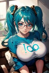 ai_generated anime anime_style big_breasts blue_eyes blue_hair breast_squeeze breasts breasts breasts close-up eyes_open from_above glasses glasses_only hands_together hd hd_(traditional) high_resolution highres huge_breasts large_breasts league_of_legends light_blue_hair light_body lighting lips long_hair looking_at_viewer navel riot_games round_breasts seducing seduction seductive_body seductive_look seductive_smile shiny shiny_clothes shiny_hair shiny_skin shirt simple_background sitting sky4maleja smile smiley_face sona_buvelle straight_hair tight_clothes tight_clothing tight_shirt twintails upper_body watermark younger_female