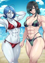 2girls abs absurd_res aqua_eyes bikini black_hair blue_hair blue_skin breasts camo_print camouflage_bikini cleavage colored_skin commission eyepatch hi_res large_breasts looking_at_viewer luisocscomics muscular muscular_female navel original outdoors red_eyes red_swimsuit standing swimsuit