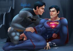 2boys abs anal anal_penetration anal_sex artist_name batman batman_(series) black_hair blue_eyes bruce_wayne clark_kent clothed_sex cowl_removed cum cum_in_ass cum_inside cum_on_arm cum_on_ass cum_on_clothes cum_on_ground cum_on_hand cum_on_self cum_while_penetrated dc dc_comics gay gay_sex grey_eyes hand_on_ass justice_league looking_at_partner male male_only mephisto mephisto(artist) muscles pecs pink_kryptonite ragged_clothing superman superman_(series) sweat sweatdrop torn_clothes uncensored yaoi