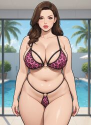1girls ai_assisted ai_generated belly_button bikini bra_strap brown_eyes brunette_hair cel_shading chubby_female cleavage eyelashes female flat_colors g-string g-string_bikini grok hair_over_shoulder leopard_print leopard_print_bikini light-skinned_female lipstick long_hair looking_at_viewer loose_hair micro_bikini midriff milf palm_leaf pelvic_line poolside potted_plant revealing_clothes rgomez007 self_upload sideboob skimpy skimpy_clothes skindentation solo_female standing swimming_pool thick_lips thick_outline thick_thighs thong_bikini underboob voluptuous wide_hips