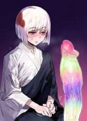 1other black_robe blush gaming_penis_ikebana_(meme) gradient_background heavy_breathing highres japanese_clothes jujutsu_kaisen kimono looking_at_penis meme motion_lines multicolored_hair penis_awe purple_eyes red_hair robe rubbing_hands_together seiza sitting solo sweatdrop uraume uraume_(jujutsu_kaisen) user_kkge5443 white_hair white_kimono