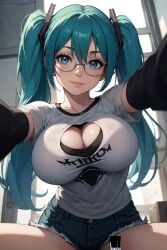 ai_generated anime anime_style big_breasts blue_eyes blue_hair breasts breasts breasts cleavage close-up cute day daylight daytime eyes eyes_open focus from_front_position hair hair_between_eyes hatsune_miku high_resolution highres large_breasts light light-skinned_female light_blue_hair light_body lighting lips long_hair long_sleeves looking_at_viewer navel pose posing posing_for_picture posing_for_the_viewer pov seducing seduction seductive_body seductive_look seductive_pose selfie selfie_pose shiny shiny_breasts shiny_clothes shiny_hair shiny_skin shirt short_shorts simple_background sitting sky4maleja smile smiley_face spread_legs teeth thighs tight_clothes tight_clothing tight_shirt twintails upper_body watermark window window_light young younger_female