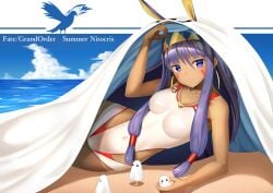 big_breasts brown_skin fate/grand_order long_hair nichita777 nitocris_(fate/grand_order) nitocris_(swimsuit_assassin) purple_hair swimsuit