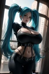 2d_(artwork) abdomen abdominals ai_generated anime arms_behind_back belly_button belt big_breasts breasts breasts breasts cleavage cowboy_shot crop_top cute eyes eyes_open female female_focus female_only from_above gothic gothic_girl hair hands_behind_back harness hd hd_(traditional) high_resolution highres horny horny_female hourglass_figure huge_breasts large_breasts league_of_legends leather leather_clothing leather_pants light light-skinned_female light_blue_hair light_body lighting lips lipstick long_hair looking_at_another midriff navel pants ponytail riot_games round_breasts seducing seduction seductive seductive_body seductive_look seductive_pose serious serious_face shiny shiny_breasts shiny_clothes shiny_hair shiny_skin simple_background sky4maleja slim_waist sona_buvelle straight_hair thong_straps very_long_hair watermark window window_light