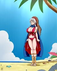 1girls beach big_breasts blush breasts cleavage fire_emblem fire_emblem:_radiant_dawn fire_emblem_heroes fusion huge_breasts linde_(fire_emblem)_(cosplay) long_hair micaiah_(fire_emblem) multicolored_hair nintendo sandals sideboob solo solo_female swimsuit two_tone_hair ydbunny yellow_eyes