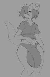 anthro big_penis blue_(reddrago) blush_lines bulge bulge_through_clothing crop_top eyes_closed horns huge_cock penis reddrago reptile reptile_humanoid reptile_tail sketch tagme thick_thighs wide_hips