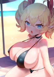 1girls 2021 :o absurd_res ahoge beach beach_towel beach_umbrella bikini black_bikini blue_eyes blush bow breasts charlotte_(rayno) choker cleavage elf eyebrows_visible_through_hair fangs female female_only hair_between_eyes highres large_breasts light-skinned_female light_skin long_ears looking_at_viewer micro_bikini nipple_bulge ocean open_mouth original pointy_ears rayno red_ribbon ribbon sand shadow sideboob sitting sky solo sweat swimsuit teeth thick_thighs thighs tied_hair tongue towel twintails umbrella under_umbrella water