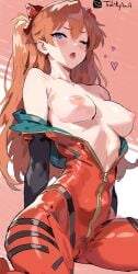 1girls ai_generated asuka_langley_sohryu big_breasts blue_eyes bodysuit breasts breasts_out busty female female_only large_breasts orange_hair plugsuit tits_out toshiryama wink