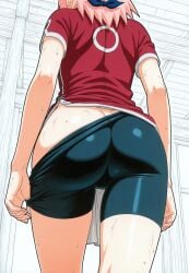 ai-created ai_generated ass ass_focus back_view black_shorts booty booty_shorts clothed clothing from_behind green_eyes green_shorts light_skin manga_style naruto naruto_(classic) naruto_(series) pink_hair red_shirt round_ass round_butt sakura_haruno sakura_haruno_(genin)