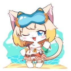 alpha_channel anthro barefoot beach blue_eyes blush breasts cat_busters chibi chibi_style clothing cloud colanukl cygames day digital_media_(artwork) domestic_cat eyewear eyewear_on_head feet felid feline felis female genitals goggles goggles_on_head innuendo looking_at_viewer mammal mia_(world_flipper) nipples one_eye_closed outside pussy solo swimwear tail water whiskers world_flipper