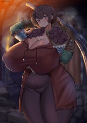 1girls chubby chubby_female cleavage female female_only gigantic_breasts huge_breasts human looking_at_viewer noiretox revealing_clothes solo solo_female standing sweat thick_thighs tight_clothing