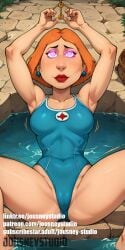 ai_generated armpits arms_up blue_one-piece_swimsuit breasts bucket cameltoe clothing coin covered_navel earrings english_text family_guy female female_only glowing glowing_eyes hypnosis jewelry jousneystudio lips lipstick lois_griffin looking_at_viewer makeup medium_breasts mind_control one-piece_swimsuit orange_hair partially_submerged patreon_username pink_eyes purple_eyes short_hair solo spread_legs swimsuit thighs water watermark web_address wet