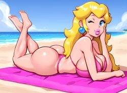 ai_generated beach big_ass big_breasts bikini bimboports(ai) blonde_hair bubble_butt earrings female lipstick mario_(series) princess_peach self_upload tagme thick_lips wink