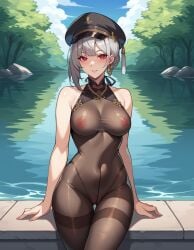 1female ai_generated bodystocking esendor female grey_hair hat looking_at_viewer medium_breasts outdoors red_eyes sanhua_(wuthering_waves) see-through solo stable_diffusion standing wuthering_waves