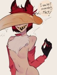 alastor_(hazbin_hotel) big_penis chest_fur claws crazyfrutloops deer_ears deer_horn femboy gay girly_boy hazbin_hotel huge_cock lucifer_morningstar_(hazbin_hotel) precum_drip red_clothes red_hair sharp_teeth skinny_male text_bubble white_background yellow_teeth