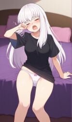 1girls ai_generated black_shirt closed_eyes female female_only fire_emblem fire_emblem:_three_houses kslgsnb lysithea_von_ordelia medium_breasts open_mouth oversized_clothes panties pixai shirt sleepy solo thighs underwear white_hair white_panties yawn