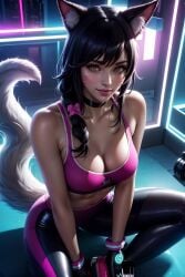 abdomen abdominals ahri ai_generated anime anime_style bare_shoulders belly_button black_hair braid breasts choker clavicle cleavage close-up collarbone cowboy_shot cute female female_focus female_only fox_ears fox_girl fox_tail from_above glass gloves hair hands_between_legs hd hd_(traditional) league_of_legends leggings light light-skinned_female light_body light_skin lighting lips lipstick looking_at_viewer medium_breasts navel neon neon_lights realistic riot_games shiny_breasts shiny_clothes shiny_hair shiny_skin simple_background sitting sky4maleja smile smile_at_viewer sport sports sports_bra sports_uniform spread_legs straight_hair tail thick_thighs vastaya watermark yellow_eyes