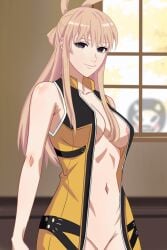 1boy 1girls being_watched black_eyes blonde_hair blush bodysuit breasts code_:_0 curvaceous curvy curvy_body curvy_female curvy_figure duster_(species) female_focus fit_female hourglass_figure long_hair naked_under_clothes nipple_slip nipples nude_underneath peeking_out sentai_daishikkaku suzukiri_yumeko unzipped unzipped_bodysuit watching yellow_hair