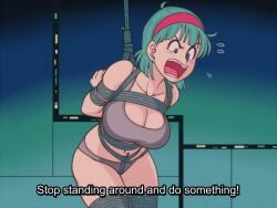 1girls arms_behind_back blue_hair bondage breasts bulma_briefs bulma_briefs_(frieza_saga) cleavage dragon_ball dragon_ball_z english_text hairband jam-orbital rope text tied_up underwear